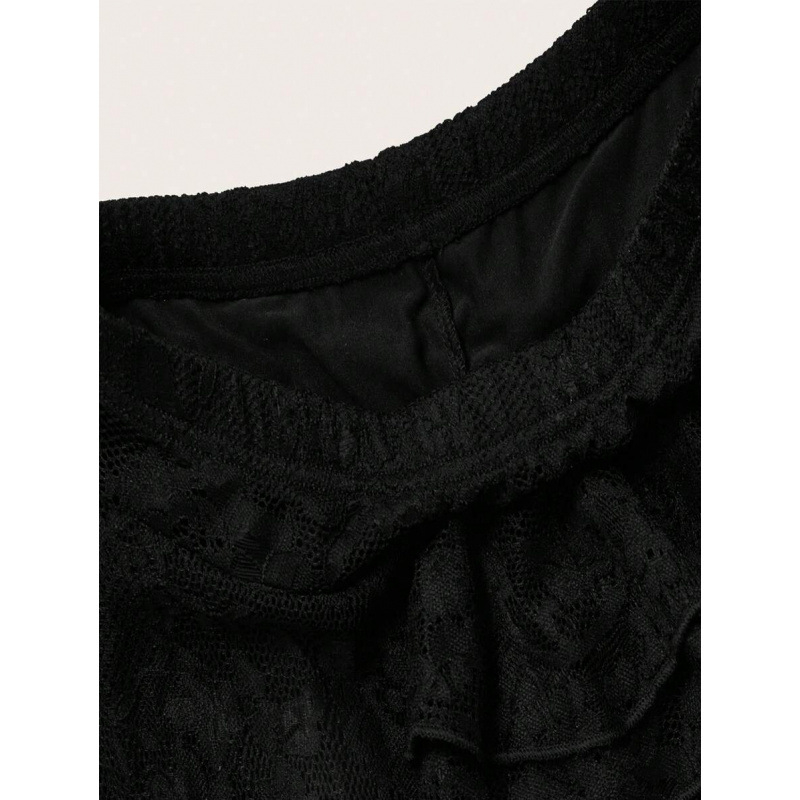 Fustă cu margine dantelată în valuri și șorțuri de siguranță integrate, croială lejeră, bumbac natural CVC, stil retro