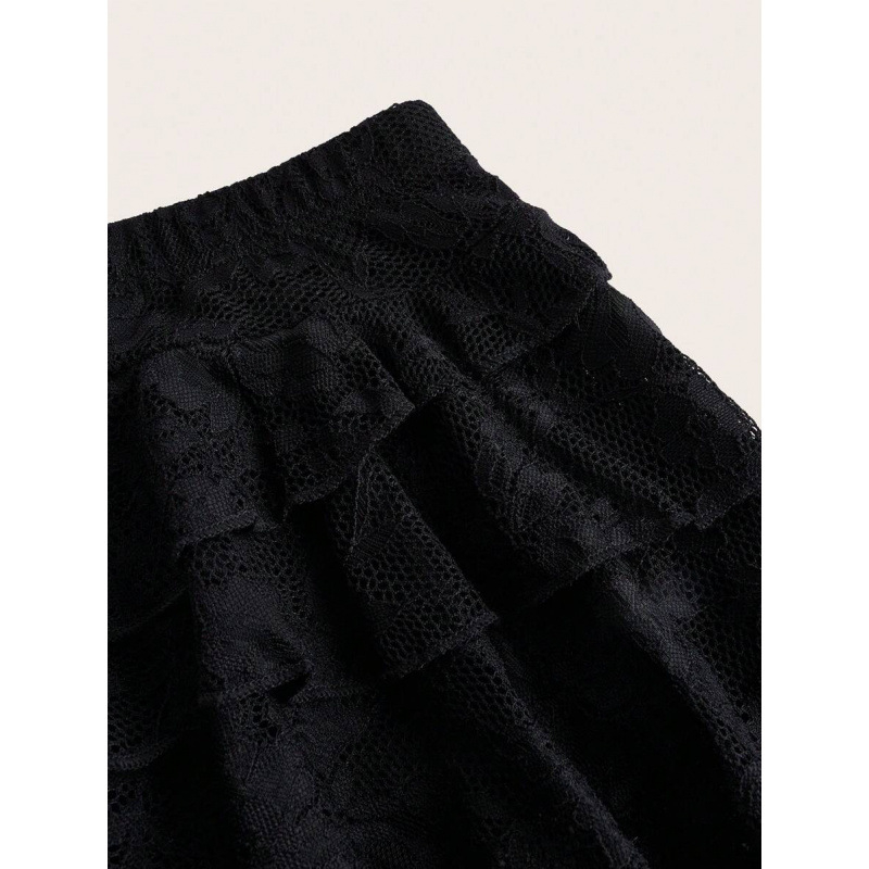 Fustă cu margine dantelată în valuri și șorțuri de siguranță integrate, croială lejeră, bumbac natural CVC, stil retro