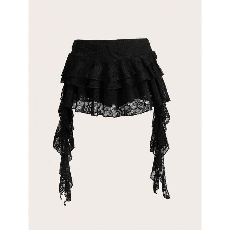 Fustă cu margine dantelată în valuri și șorțuri de siguranță integrate, croială lejeră, bumbac natural CVC, stil retro