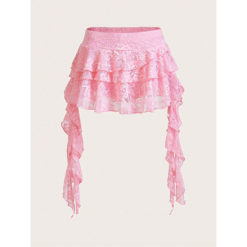 Fustă cu margine dantelată în valuri și șorțuri de siguranță integrate, croială lejeră, bumbac natural CVC, stil retro