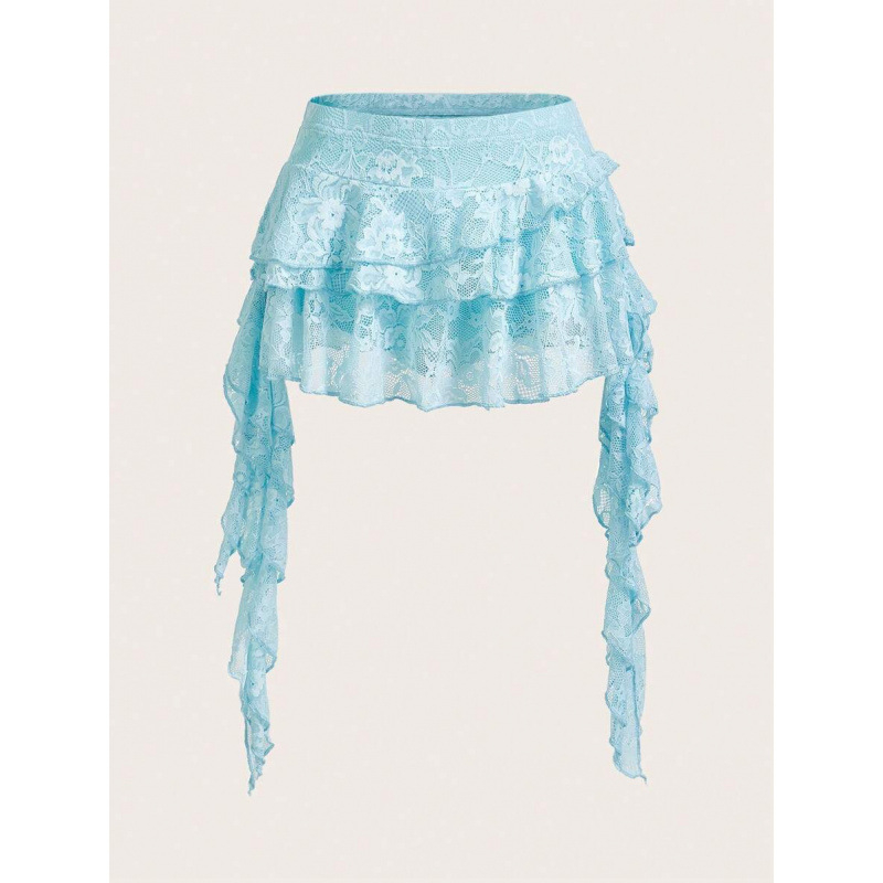 Fustă cu margine dantelată în valuri și șorțuri de siguranță integrate, croială lejeră, bumbac natural CVC, stil retro