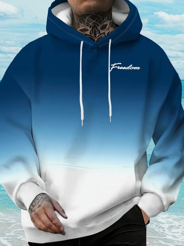 Φούτερ με κουκούλα - Εκτύπωση διαβάθμισης, Πολυεστέρας 96%+, Φαρδιά γραμμή, Μακρύ μανίκι, V-λαιμός