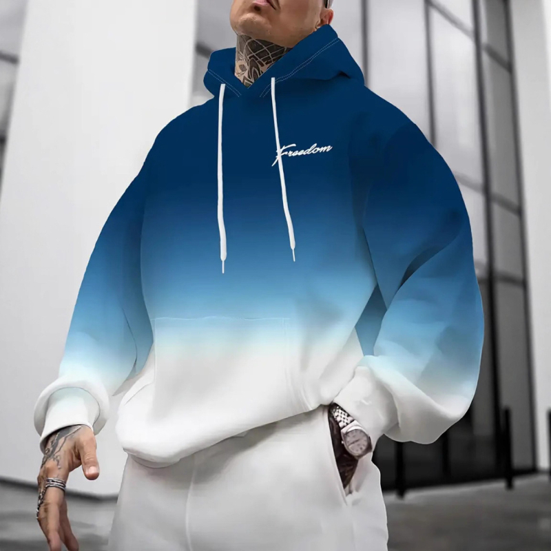 Φούτερ με κουκούλα - Εκτύπωση διαβάθμισης, Πολυεστέρας 96%+, Φαρδιά γραμμή, Μακρύ μανίκι, V-λαιμός