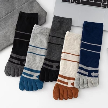 Мъжки чорапи с пет пръста, средна дължина, памук, влагоотводящи и дишащи, райе, подходящи за спорт и бизнес