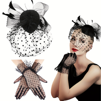 Halovīna kostīmu rekvizīti: mežģīņu cimdi, vāls, sietveida acu maska, spalvu Derby cepure LP223, poliesters, pielāgota apstrāde