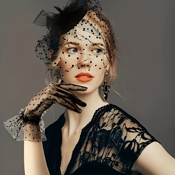 Αποκριάτικα αξεσουάρ κοστουμιού: δαντελωτά γάντια, βέλο, διχτυωτή μάσκα ματιών, καπέλο Ντέρμπι με φτερό LP223, πολυεστέρας, επεξεργασία κατόπιν παραγγελίας