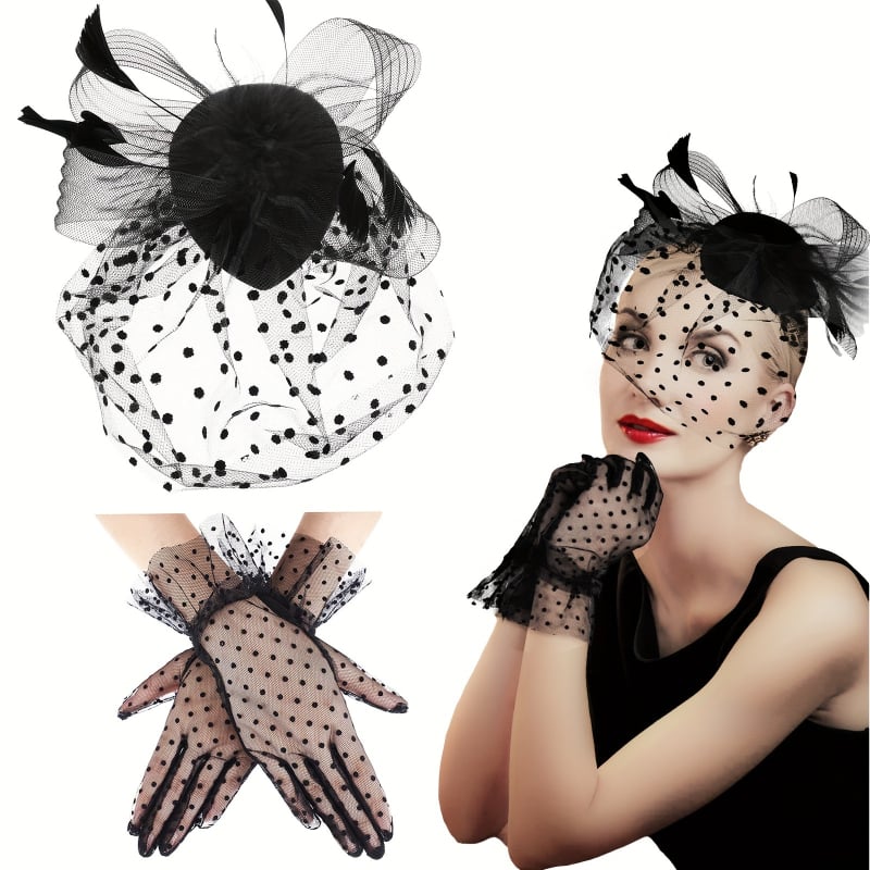 Halovīna kostīmu rekvizīti: mežģīņu cimdi, vāls, sietveida acu maska, spalvu Derby cepure LP223, poliesters, pielāgota apstrāde