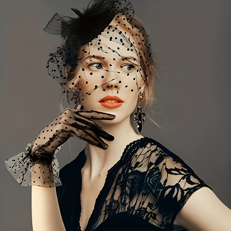 Halovīna kostīmu rekvizīti: mežģīņu cimdi, vāls, sietveida acu maska, spalvu Derby cepure LP223, poliesters, pielāgota apstrāde