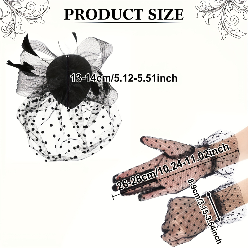 Halovīna kostīmu rekvizīti: mežģīņu cimdi, vāls, sietveida acu maska, spalvu Derby cepure LP223, poliesters, pielāgota apstrāde