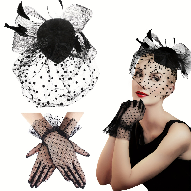 Halovīna kostīmu rekvizīti: mežģīņu cimdi, vāls, sietveida acu maska, spalvu Derby cepure LP223, poliesters, pielāgota apstrāde