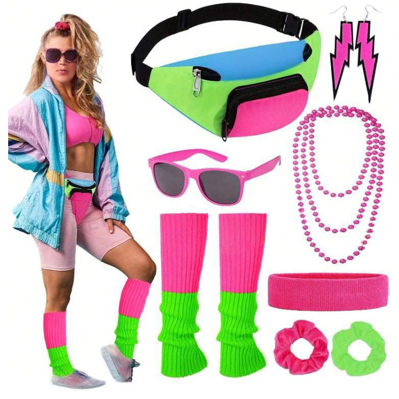 80s ballītes kostīmu komplekts ar vidukļa somu, galvas lentu, kāju siltinātājiem, pērļu kaklarotu un auskarām – Materiāls: poliesters | Preces kods: DP-029 | Tips: komplekts | Kategorija: kosmētika un kostīmu rekvizīti