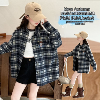 Cămașă pentru fete cu mânecă lungă, model carouri, țesătură din blană de iepure 80–90%, primăvara 2024