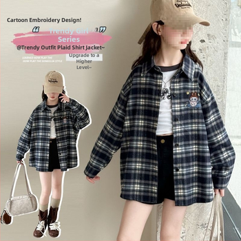 Cămașă pentru fete cu mânecă lungă, model carouri, țesătură din blană de iepure 80–90%, primăvara 2024