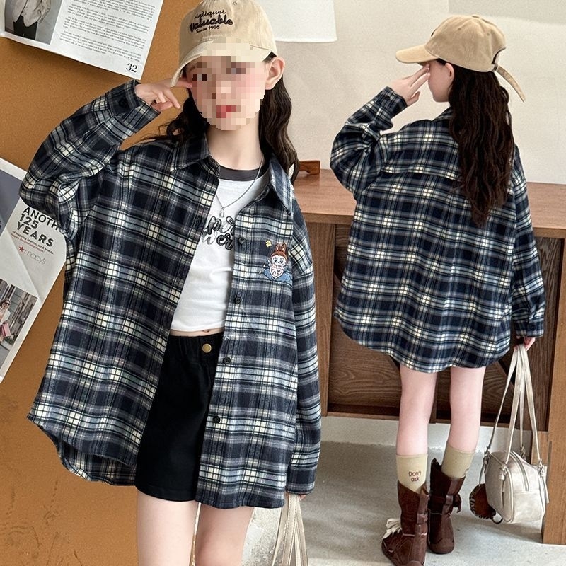 Cămașă pentru fete cu mânecă lungă, model carouri, țesătură din blană de iepure 80–90%, primăvara 2024