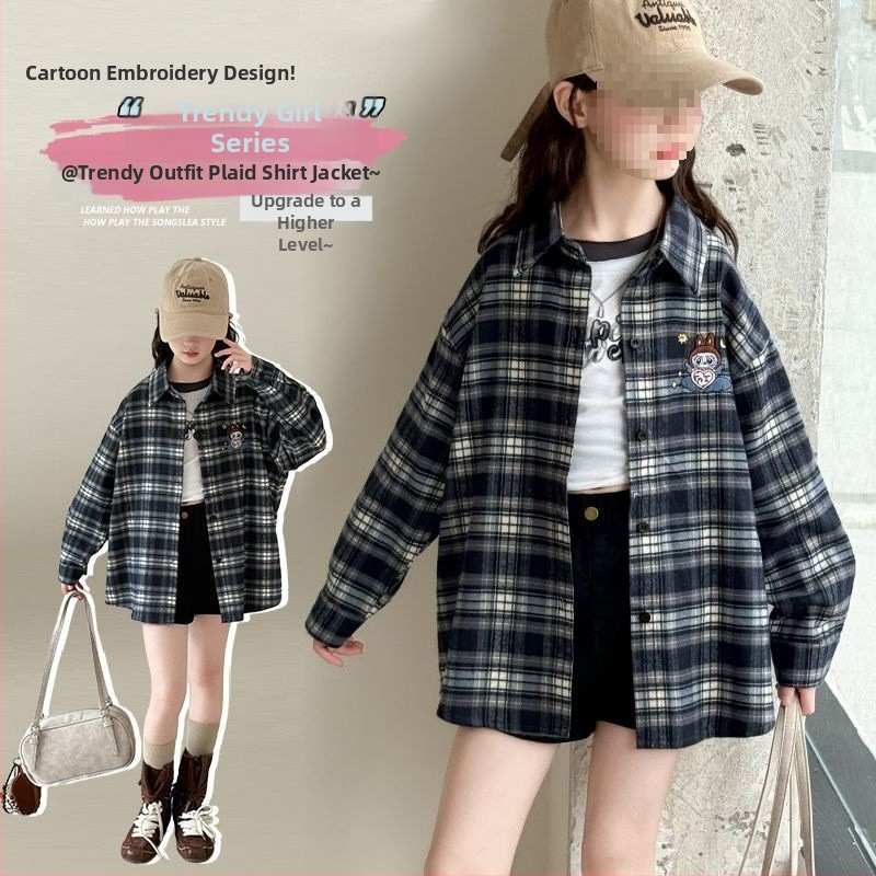 Детска риза за момичета с дълъг ръкав, каре, плат с козина от зайци 80–90%, пролет 2024