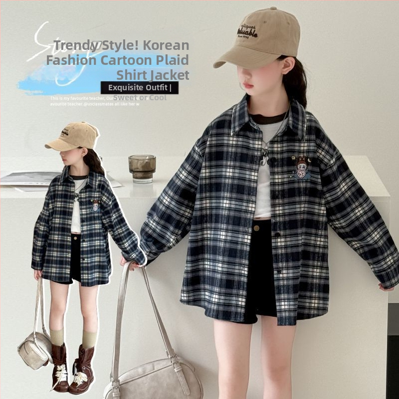 Детска риза за момичета с дълъг ръкав, каре, плат с козина от зайци 80–90%, пролет 2024