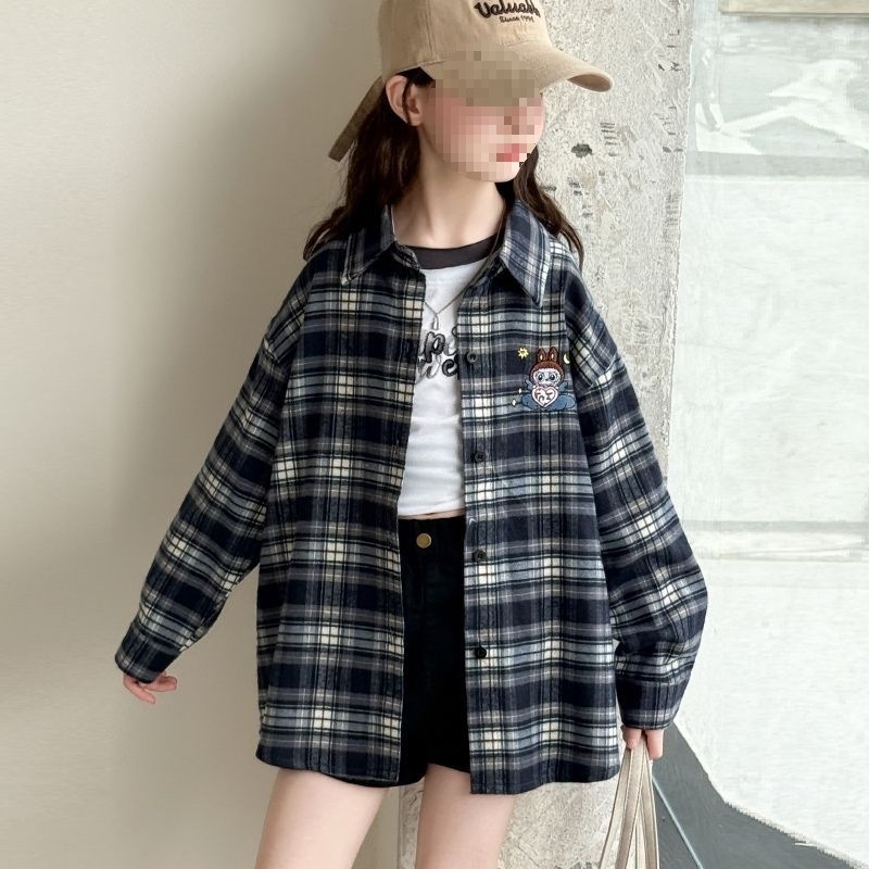 Cămașă pentru fete cu mânecă lungă, model carouri, țesătură din blană de iepure 80–90%, primăvara 2024