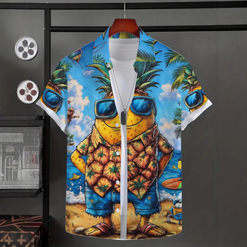 Мъжка ежедневна риза с ла-пел яка, къс ръкав, свободна кройка, 3D принт ананас, полиестер с четиристранно разтягане
