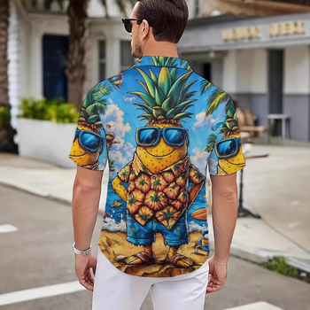 Мъжка ежедневна риза с ла-пел яка, къс ръкав, свободна кройка, 3D принт ананас, полиестер с четиристранно разтягане