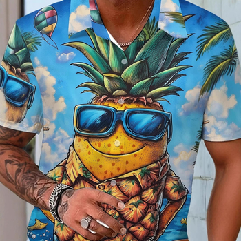 Мъжка ежедневна риза с ла-пел яка, къс ръкав, свободна кройка, 3D принт ананас, полиестер с четиристранно разтягане