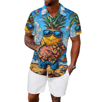 Мъжка ежедневна риза с ла-пел яка, къс ръкав, свободна кройка, 3D принт ананас, полиестер с четиристранно разтягане
