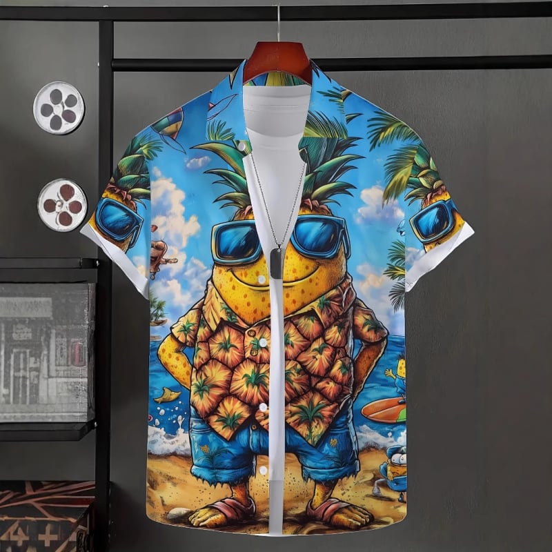 Мъжка ежедневна риза с ла-пел яка, къс ръкав, свободна кройка, 3D принт ананас, полиестер с четиристранно разтягане