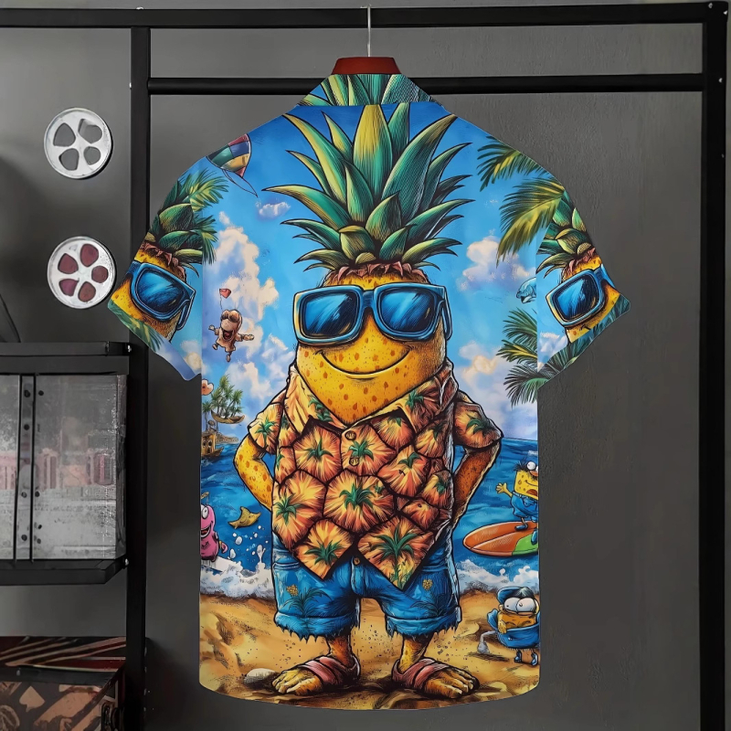 Мъжка ежедневна риза с ла-пел яка, къс ръкав, свободна кройка, 3D принт ананас, полиестер с четиристранно разтягане