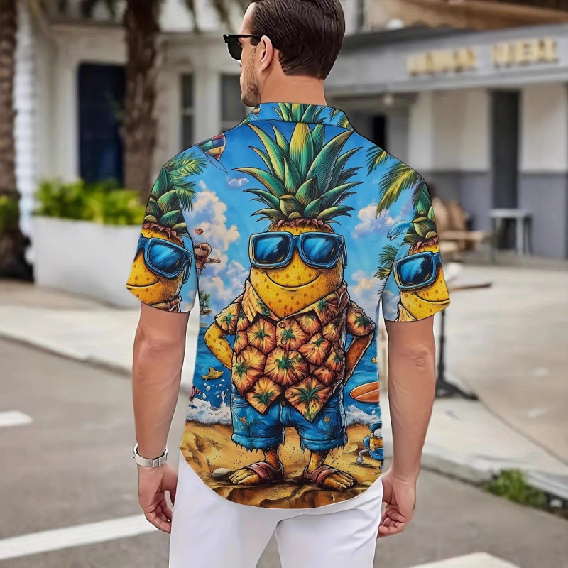 Мъжка ежедневна риза с ла-пел яка, къс ръкав, свободна кройка, 3D принт ананас, полиестер с четиристранно разтягане