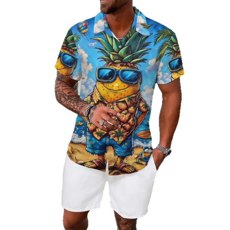Мъжка ежедневна риза с ла-пел яка, къс ръкав, свободна кройка, 3D принт ананас, полиестер с четиристранно разтягане