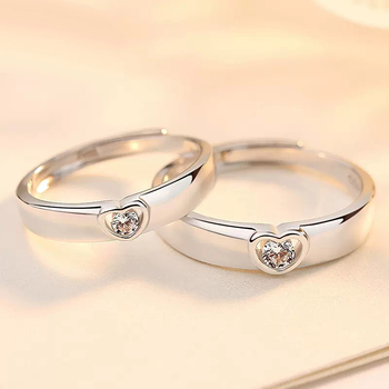 Pora žiedų iš 925 sidabro, širdies formos, cirkonų įlaidai, reguliuojami
