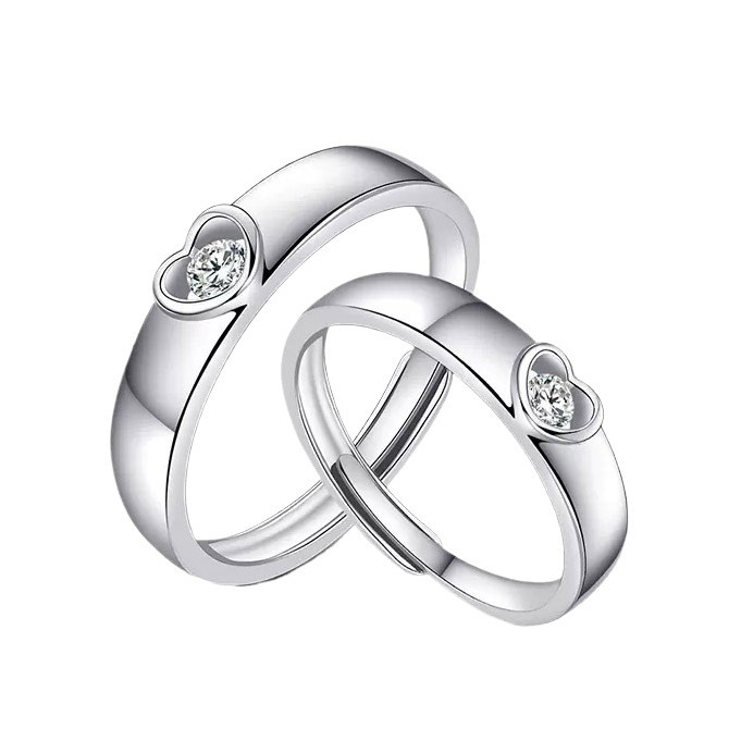 Pora žiedų iš 925 sidabro, širdies formos, cirkonų įlaidai, reguliuojami