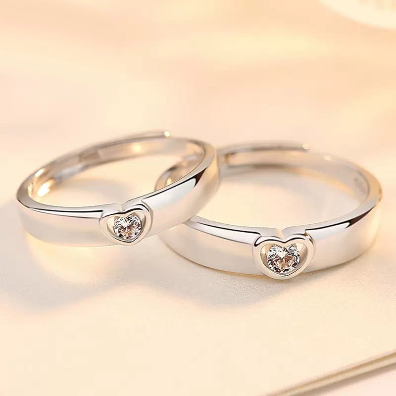Pora žiedų iš 925 sidabro, širdies formos, cirkonų įlaidai, reguliuojami