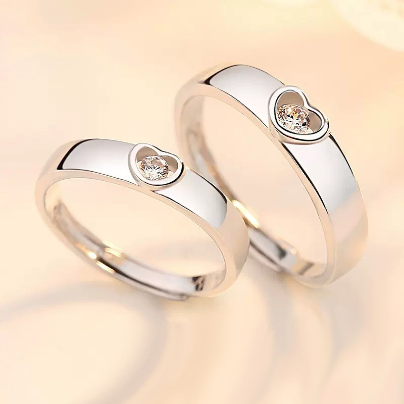 Pora žiedų iš 925 sidabro, širdies formos, cirkonų įlaidai, reguliuojami