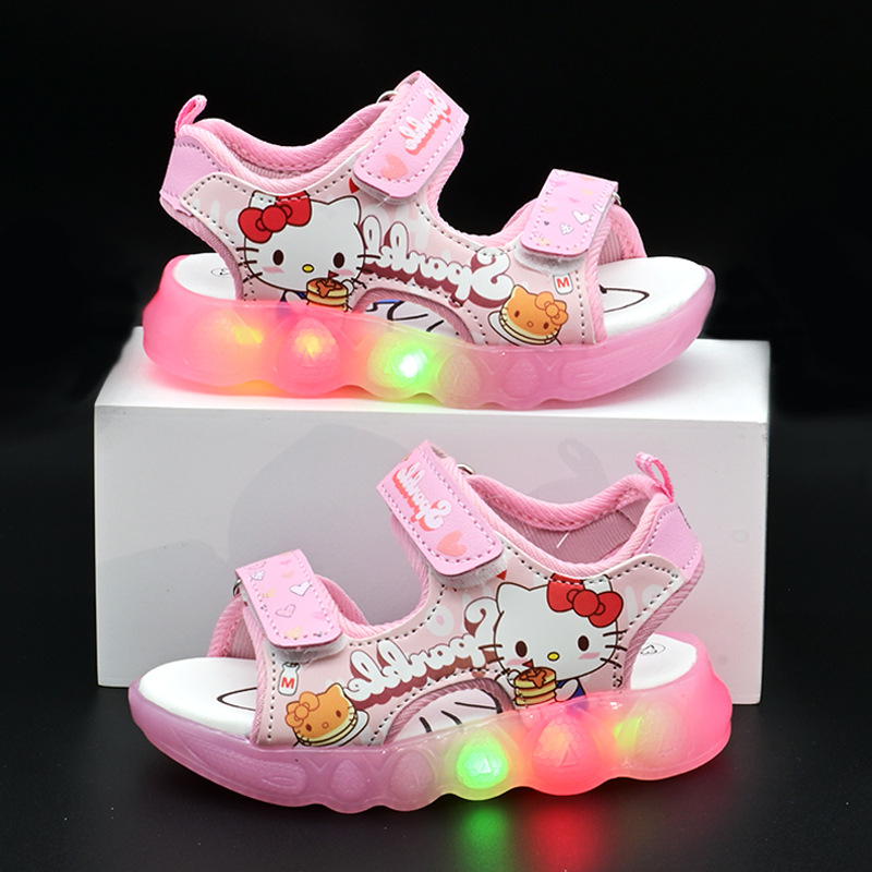 Pantofi de plajă pentru fete cu LED, Model Cartoon, închidere Velcro, partea superioară din microfibră de piele, talpă TPR