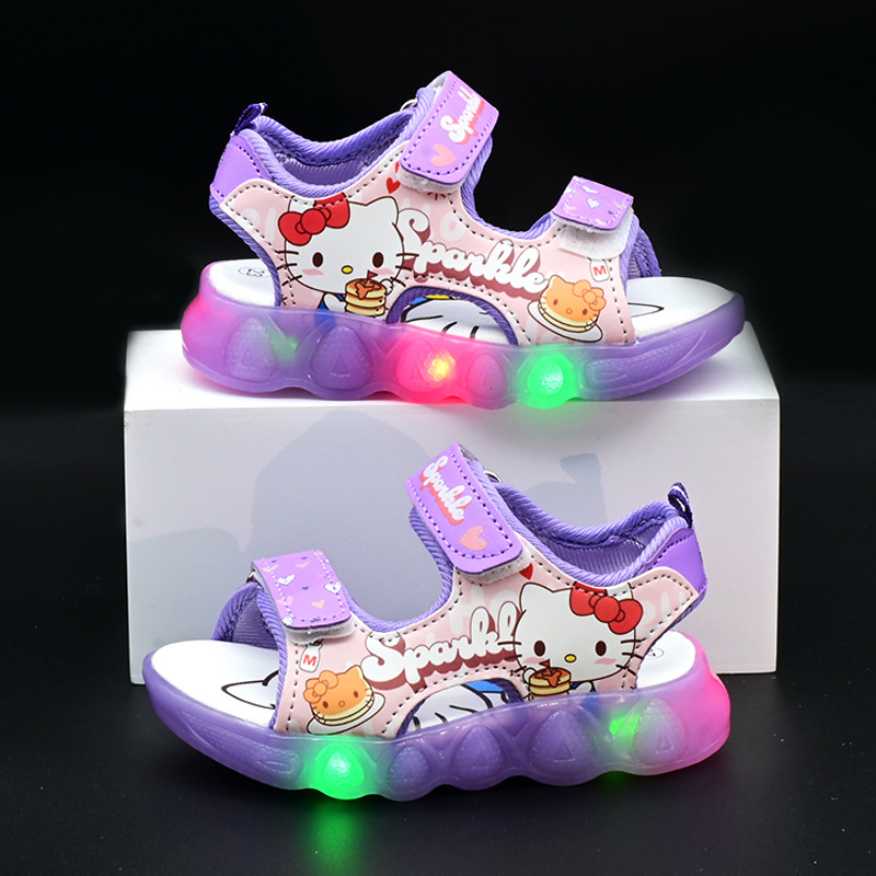 Pantofi de plajă pentru fete cu LED, Model Cartoon, închidere Velcro, partea superioară din microfibră de piele, talpă TPR