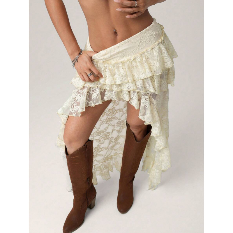 Set denim boem retro 90s, croială lejeră, dantelă stratificată, bumbac natural colorat (CVC), ușoară elasticitate, verificare de calitate