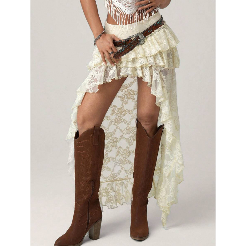 Set denim boem retro 90s, croială lejeră, dantelă stratificată, bumbac natural colorat (CVC), ușoară elasticitate, verificare de calitate