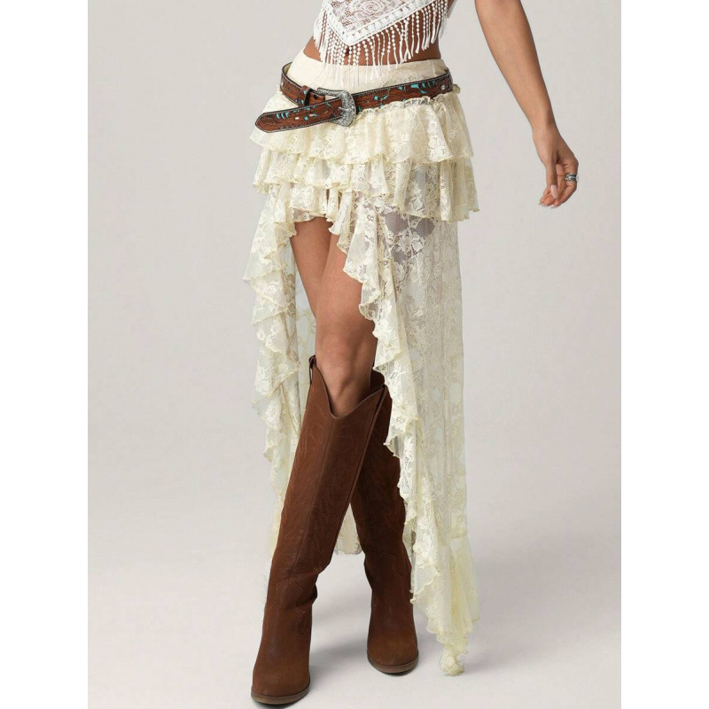 Set denim boem retro 90s, croială lejeră, dantelă stratificată, bumbac natural colorat (CVC), ușoară elasticitate, verificare de calitate