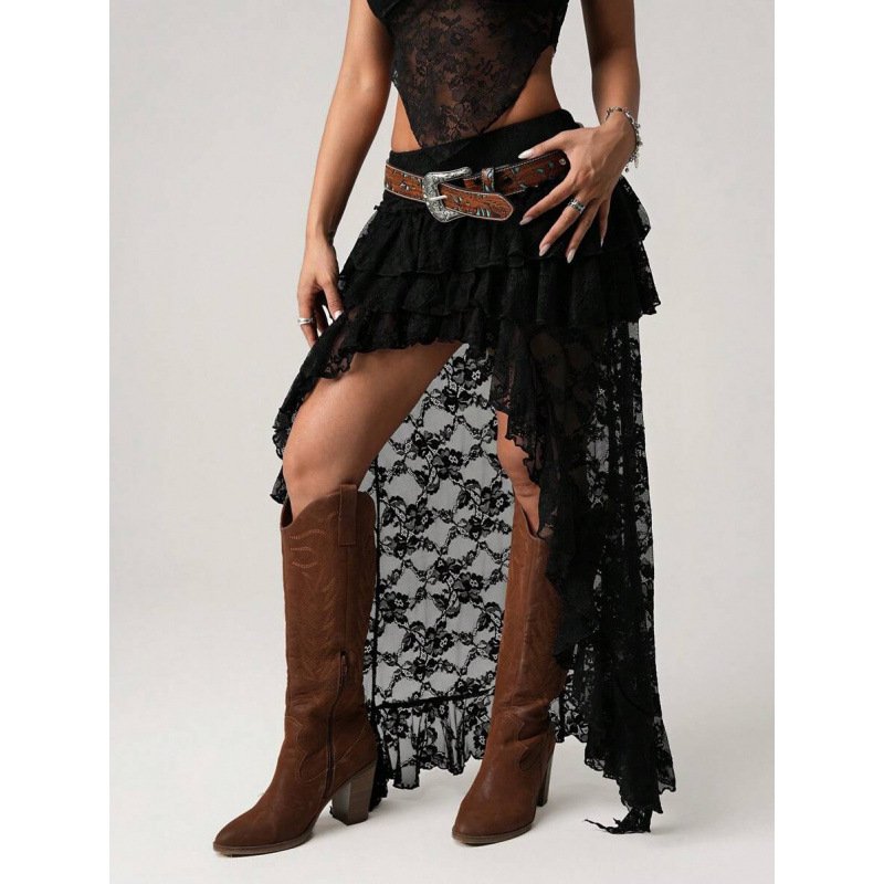 Set denim boem retro 90s, croială lejeră, dantelă stratificată, bumbac natural colorat (CVC), ușoară elasticitate, verificare de calitate