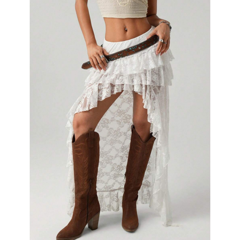 Set denim boem retro 90s, croială lejeră, dantelă stratificată, bumbac natural colorat (CVC), ușoară elasticitate, verificare de calitate