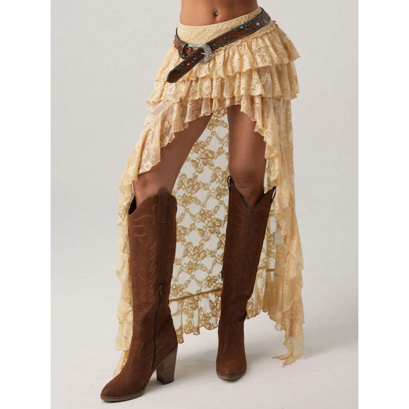 Set denim boem retro 90s, croială lejeră, dantelă stratificată, bumbac natural colorat (CVC), ușoară elasticitate, verificare de calitate