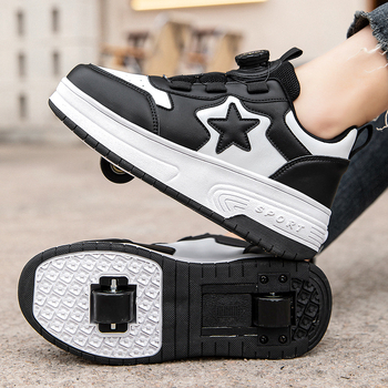 Pantofi Heelys cu roți — model stele, curele cu catarame rotative, unisex; roți PU, o singură linie, cod 2323