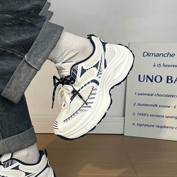 Γυναικείες παπούτσια τύπου dad shoes με φαρδιά σόλα - Κορεατικό μοντέλο, επάνω μέρος PU+πλέγμα, 3-5 cm ύψος τακουνιού, με κορδόνια, EVA πάτος, σόλα από έγχυση