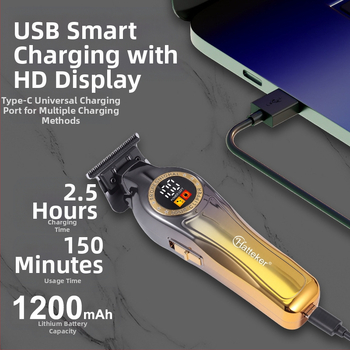 Тример за коса с цифров дисплей, вградена батерия 1000–1200 mAh, подвижна и миеща се глава на ножа, неръждаеми стоманени ножчета, четков мотор