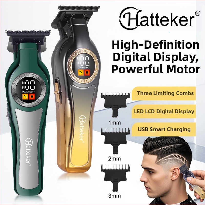 Тример за коса с цифров дисплей, вградена батерия 1000–1200 mAh, подвижна и миеща се глава на ножа, неръждаеми стоманени ножчета, четков мотор