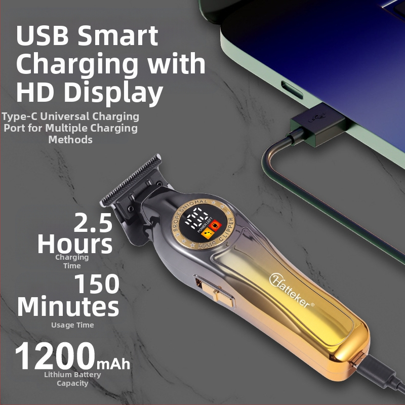 Kadernícky elektrický strojček s digitálnym displejom, vstavaná batéria 1000–1200 mAh, odpojiteľná a umývateľná hlava čepele, nerezová oceľ, kefový motor