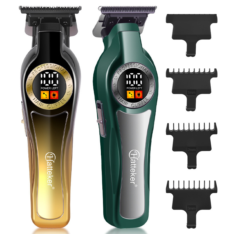 Тример за коса с цифров дисплей, вградена батерия 1000–1200 mAh, подвижна и миеща се глава на ножа, неръждаеми стоманени ножчета, четков мотор