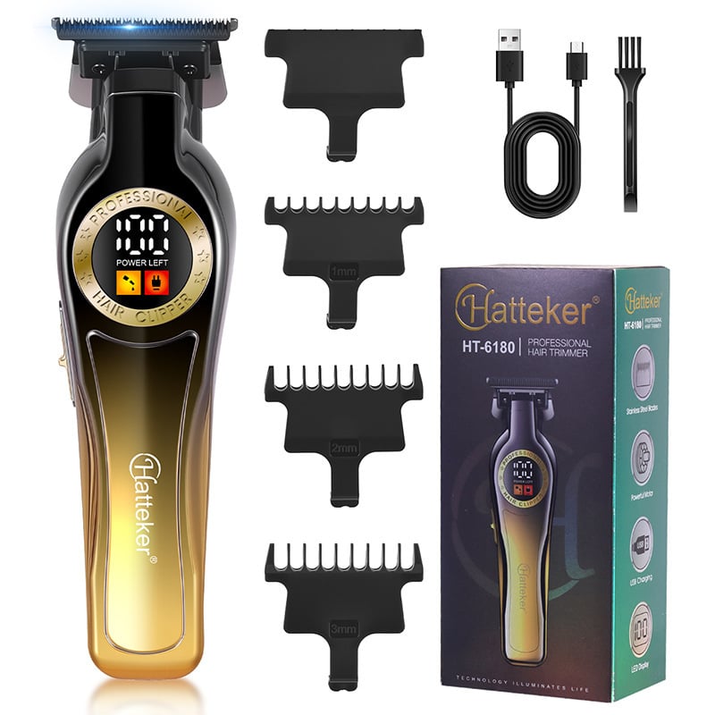 Тример за коса с цифров дисплей, вградена батерия 1000–1200 mAh, подвижна и миеща се глава на ножа, неръждаеми стоманени ножчета, четков мотор
