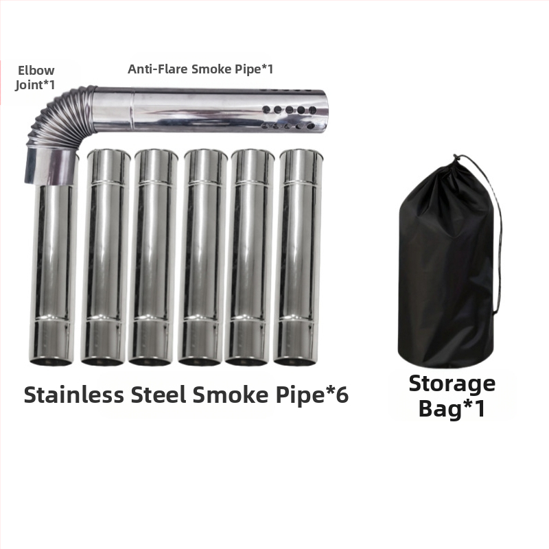 Kemping tűzhely rozsdamentes acélból készült füstcső készlet, 8 részes, hajlított fej – szél- és esőálló, szikrávédett