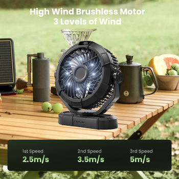 Φορητός ανεμιστήρας κάμπινγκ με LED φως, περιστροφή 360°, επαναφορτιζόμενη μπαταρία Li‑ion 4000 mAh, 3 ταχύτητες, κατάλληλο για σκηνή και υπνοδωμάτιο